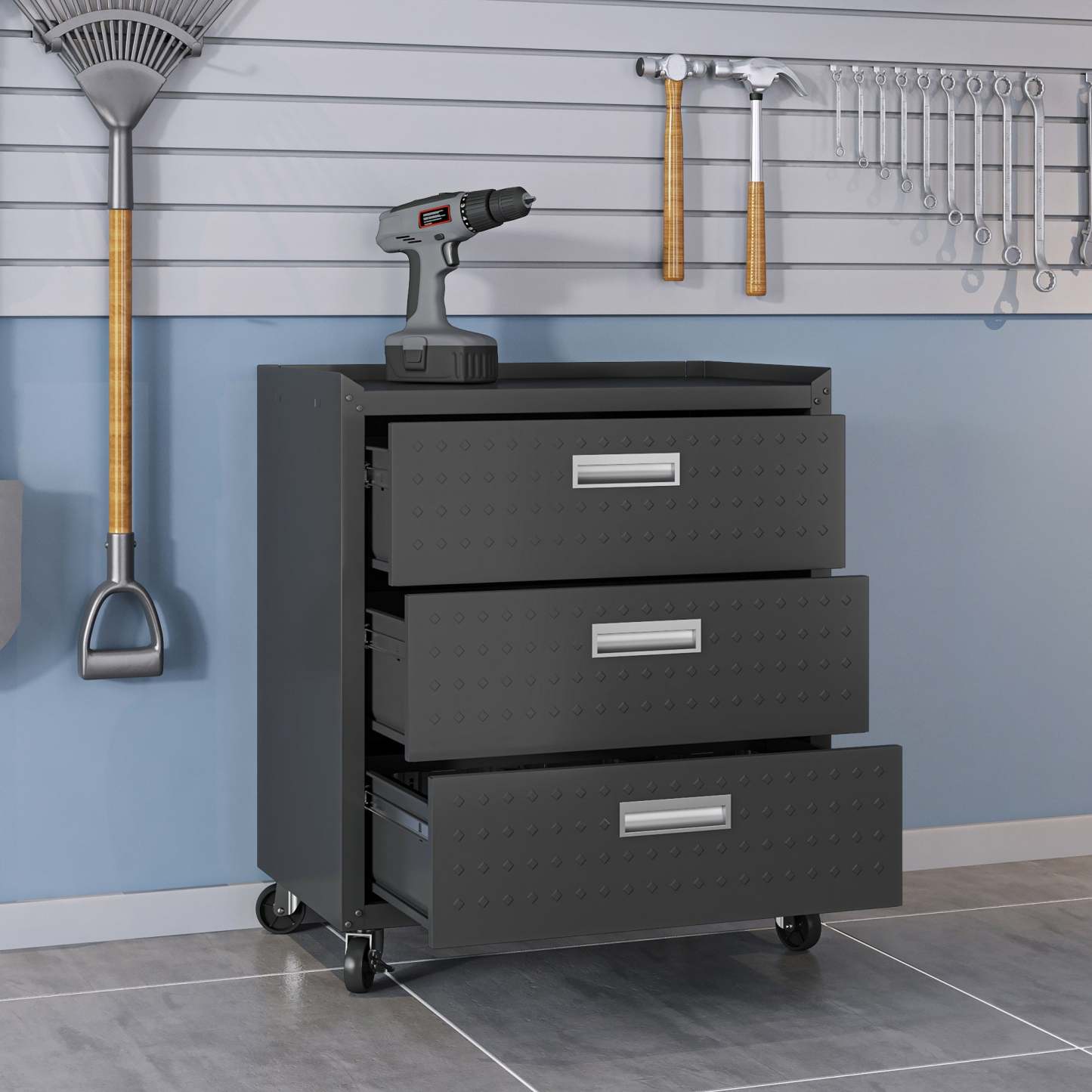 Manhattan Comfort Fortress Textured Metal 31.5 Garage Mobile Chest with 3 Drawers - Charcoal Grey|Commode verticale mobile Fortress de Manhattan Comfort de 31,5 po en métal texturé avec 3 tiroirs pour le garage - gris anthracite