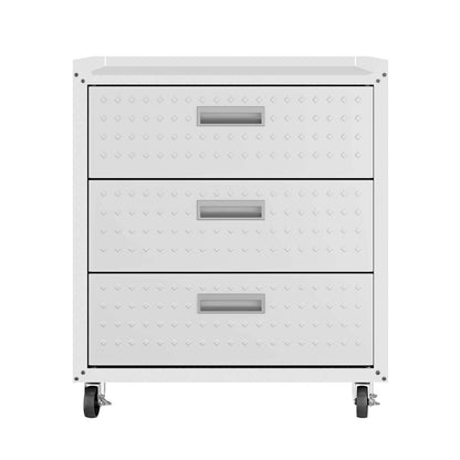 Manhattan Comfort Fortress Textured Metal 31.5 Garage Mobile Chest with 3 Drawers - Blanc|Commode verticale mobile Fortress de Manhattan Comfort de 31,5 po en métal texturé avec 3 tiroirs pour le garage - blanc