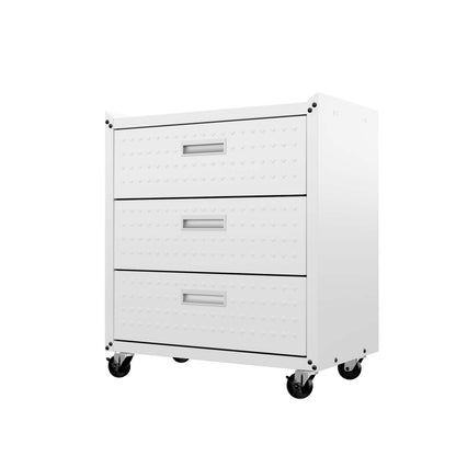 Manhattan Comfort Fortress Textured Metal 31.5 Garage Mobile Chest with 3 Drawers - Blanc|Commode verticale mobile Fortress de Manhattan Comfort de 31,5 po en métal texturé avec 3 tiroirs pour le garage - blanc