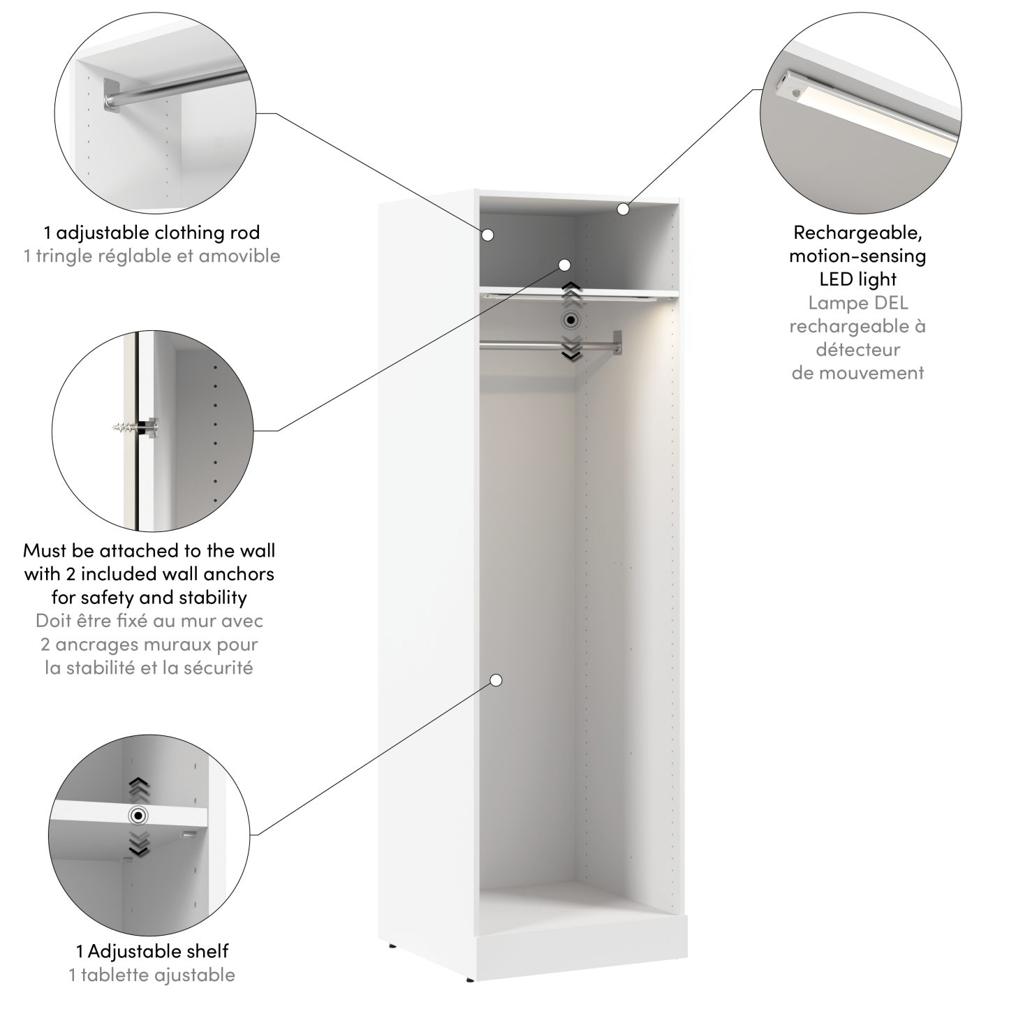 Système de garde-robe modulaire à espace pour suspendre Florence de Bestar de 25 po avec éclairage à DEL et tablette - blanc