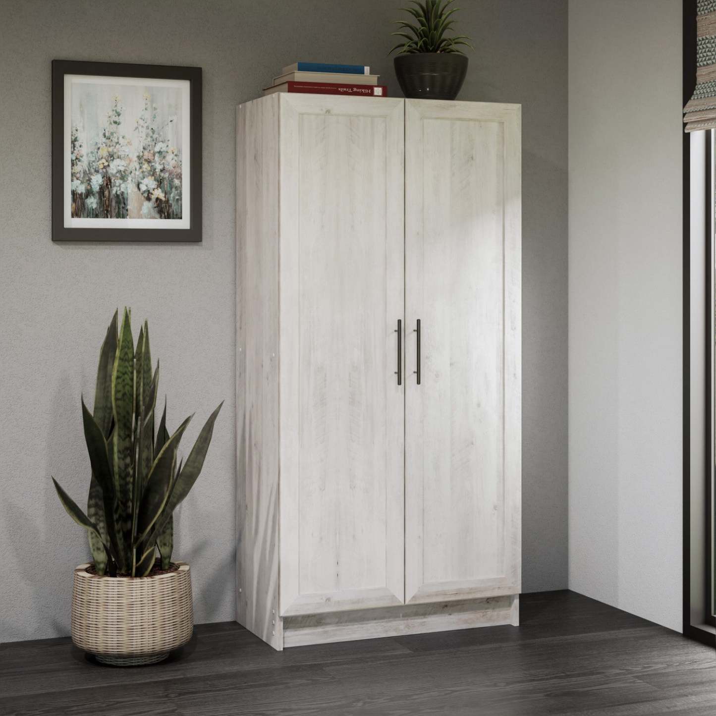 Armoire de rangement Elite Accent avec portes à panneaux et 3 tablettes - Blanc rustique |Armoire d'appoint de rangement Elite avec portes à panneaux et 3 tablettes - blanc rustique