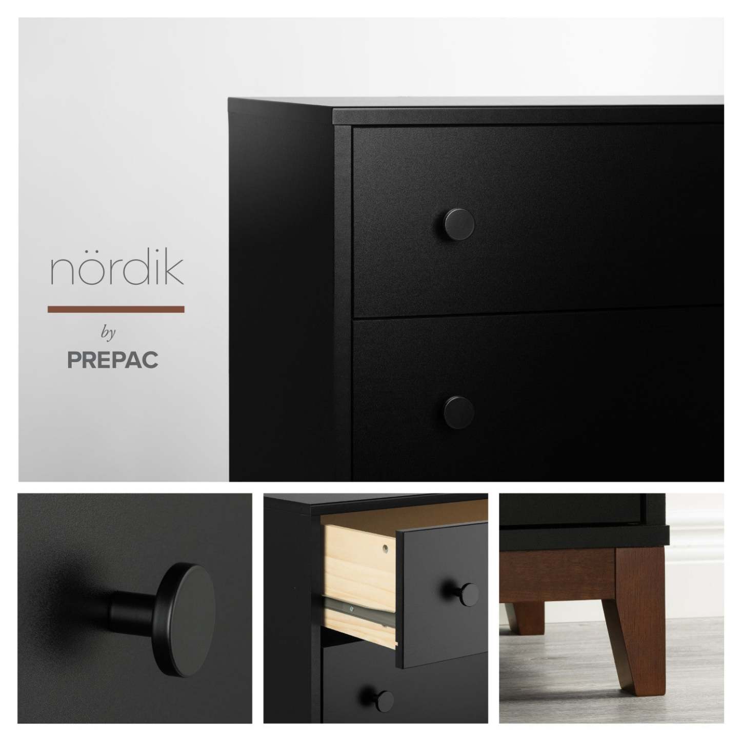 Prepac Nordik 3-Drawer Nightstand - Black and Cherry|Table de nuit Nordik de Prepac à 3 tiroirs - noire et cerisier