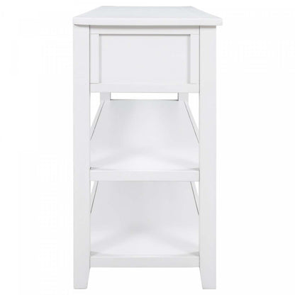 Wendy Table console en bois massif avec 3 tiroirs et 2 étagères ouvertes, armoire d'appoint blanc antique | Console Wendy En Bois Massif Avec 3 Tiroirs Et 2 Etageres Ouvertes, Blanc Antique