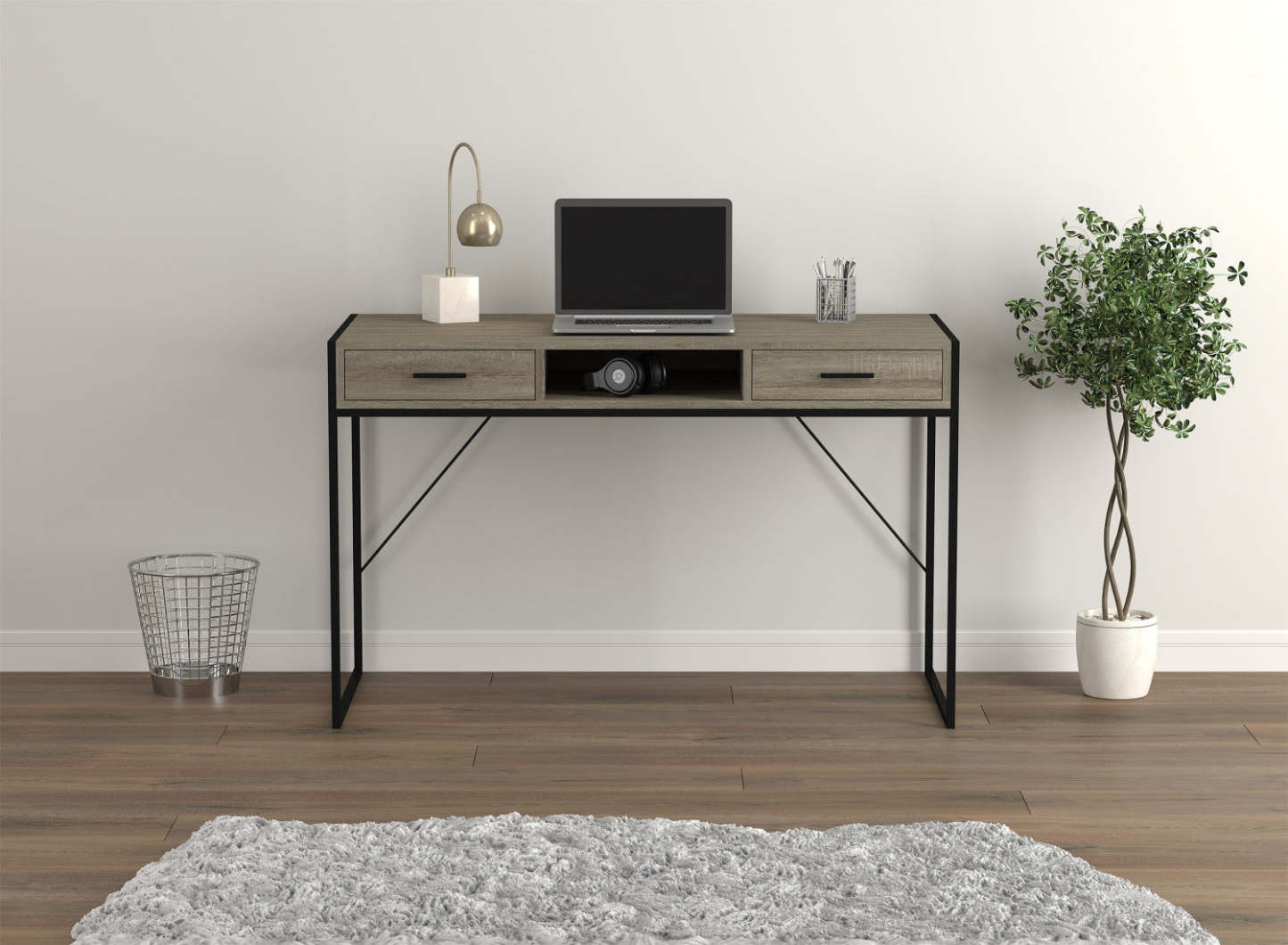 Bureau d'ordinateur de 48 po avec 2 tiroirs et 1 tablette - taupe foncé avec base en métal noir