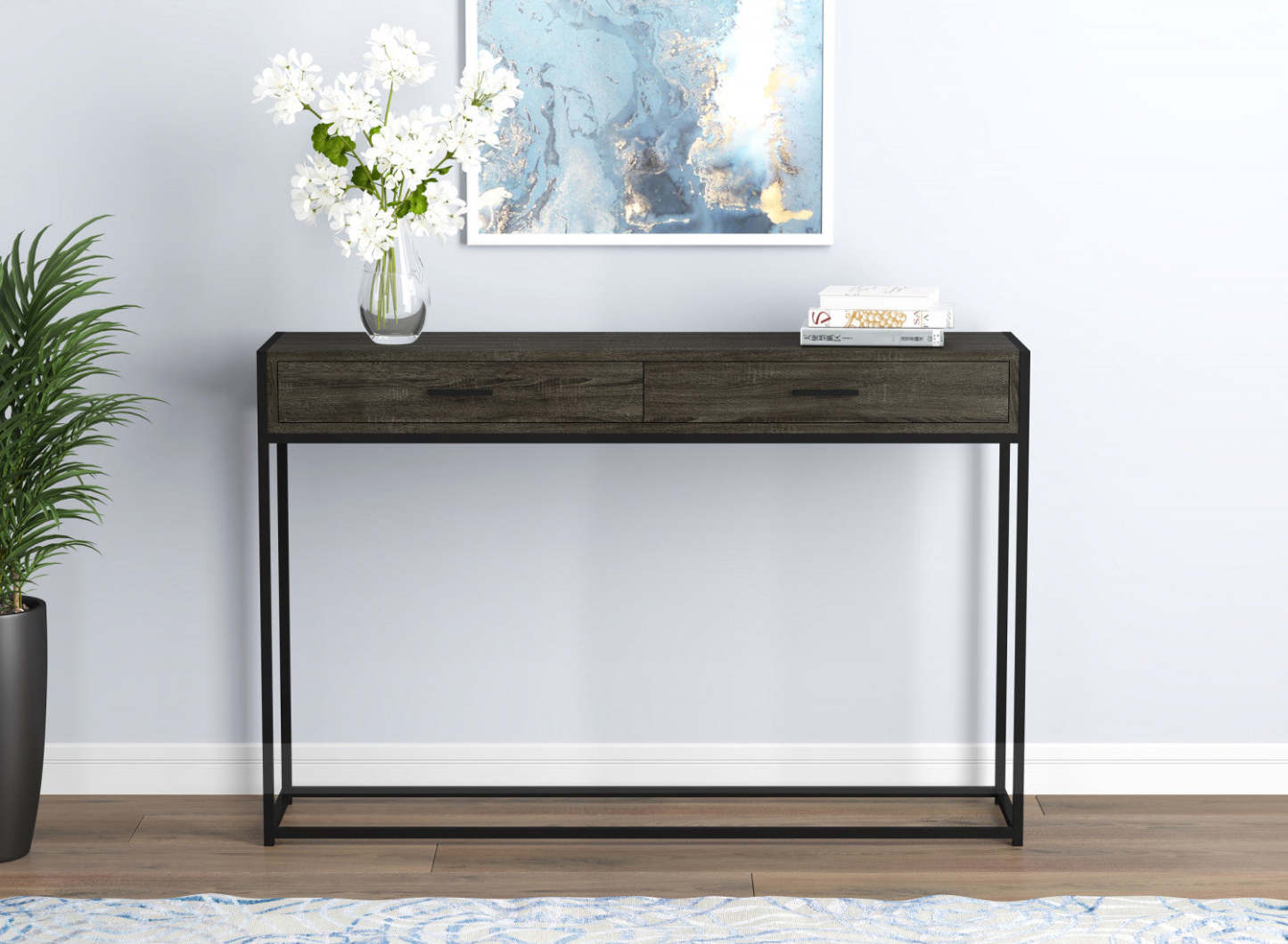 Table console moderne de 48" avec 2 tiroirs - Bois gris foncé avec métal noir | Console moderne de 48 po avec 2 tiroirs - bois gris foncé avec métal noir