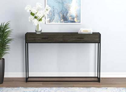 Table console moderne de 48" avec 2 tiroirs - Bois gris foncé avec métal noir | Console moderne de 48 po avec 2 tiroirs - bois gris foncé avec métal noir