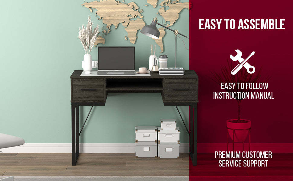 Bureau d'ordinateur 43" avec 2 tiroirs et 1 tablette - Gris foncé avec base en métal noir | Bureau d'ordinateur de 43 po avec 2 tiroirs et 1 tablette - gris foncé avec base en métal noir