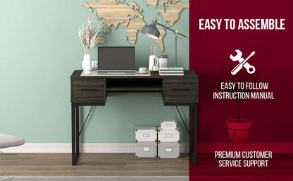 Bureau d'ordinateur 43" avec 2 tiroirs et 1 tablette - Gris foncé avec base en métal noir | Bureau d'ordinateur de 43 po avec 2 tiroirs et 1 tablette - gris foncé avec base en métal noir