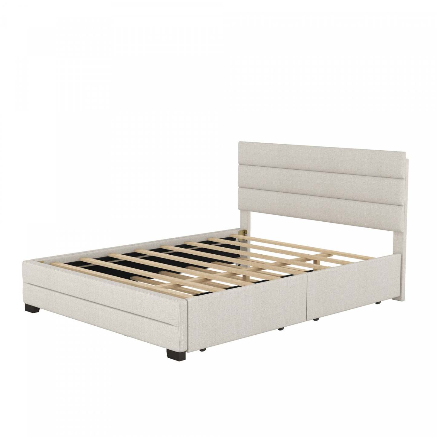 Lit plateforme rembourré en tissu d'apparence lin Sophie avec lit gigogne et tiroirs de rangement, grand lit - Beige | Sophie – Lit Plateforme Rembourre En Tissu Aspect Lin Avec Lit Gigogne Et Tiroirs De Rangement, Format Grand - Beige