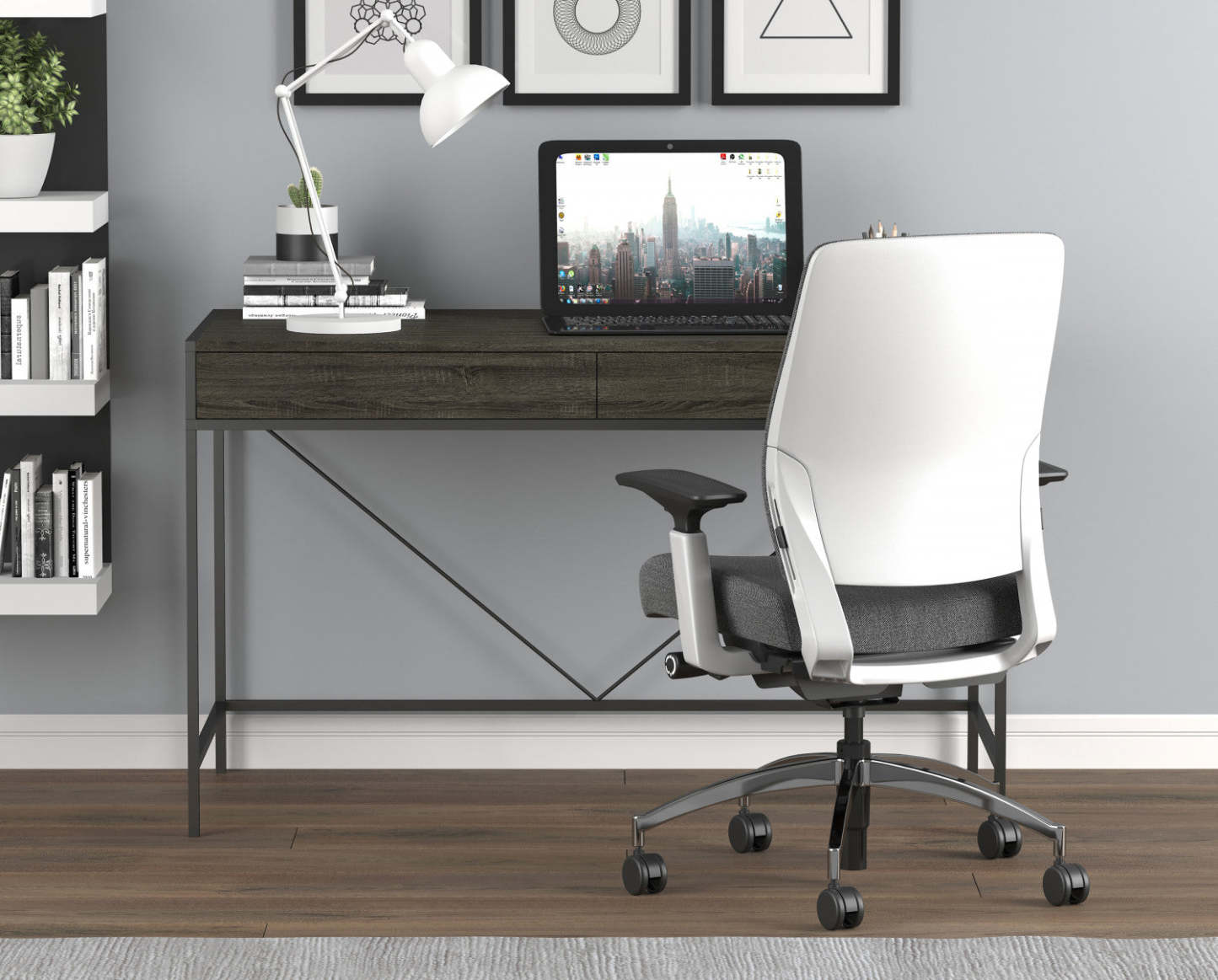 Bureau d'ordinateur de 49 po avec 2 tiroirs - bois gris avec métal noir