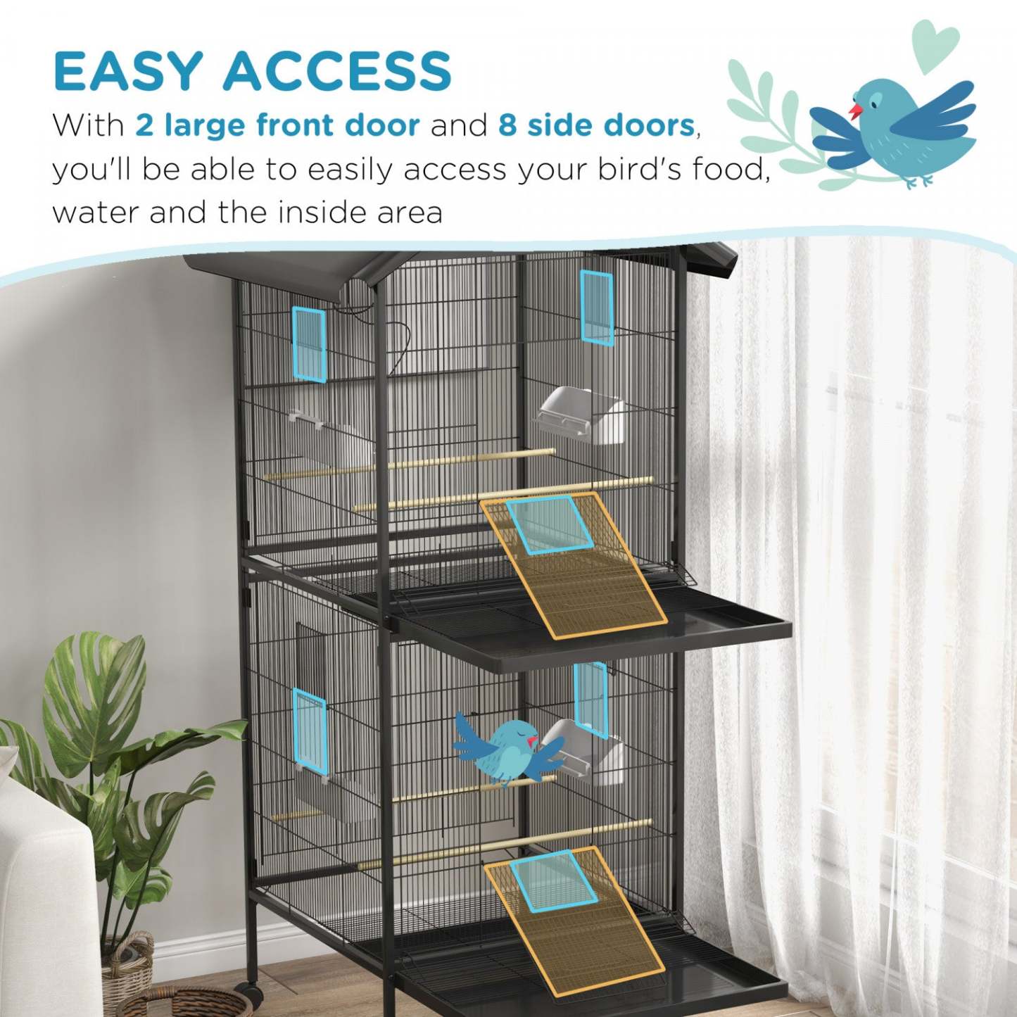 Pawhut Cage A Oiseaux En Metal Forge Avec Support Roulant, Conteneurs Alimentaires Portes Roues 67 H