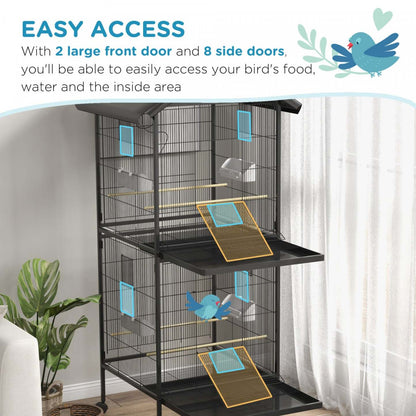 Pawhut Cage A Oiseaux En Metal Forge Avec Support Roulant, Conteneurs Alimentaires Portes Roues 67 H