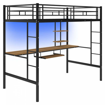 Lit mezzanine simple en métal Andy avec bureau et éclairage LED - Noir | Andy – Lit mezzanine simple en métal avec bureau et éclairage LED, design gain de place – Noir