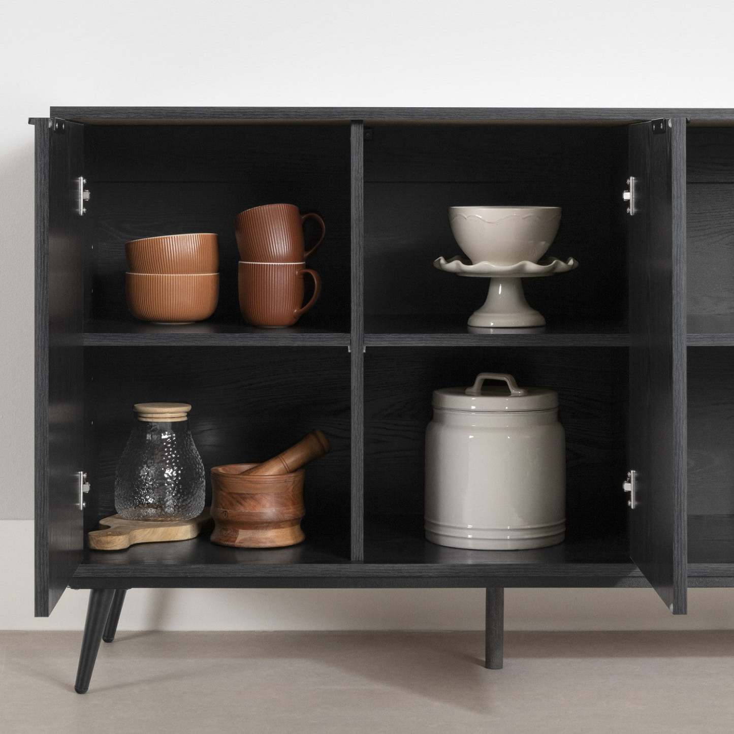 Armoire d'appoint à 2 portes Mezzy avec rangement ouvert - Chêne noir | Armoire décorative Mezzy à 2 portes avec rangement ouvert - chêne noir