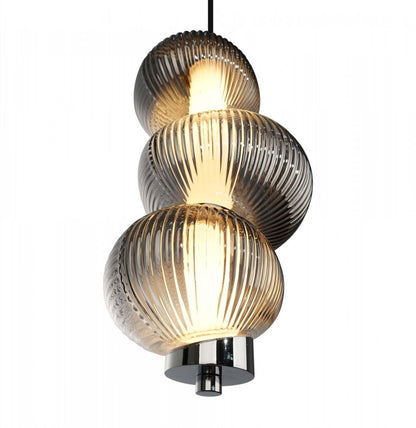 Suspension LED intégrée Ariel 13,5, chrome avec lampe en verrerie ombrée de fumée nervurée | Suspension A Del Integrees Ariel De 13,5 po, Noir Avec Verre Ombre Fume Et Nervure