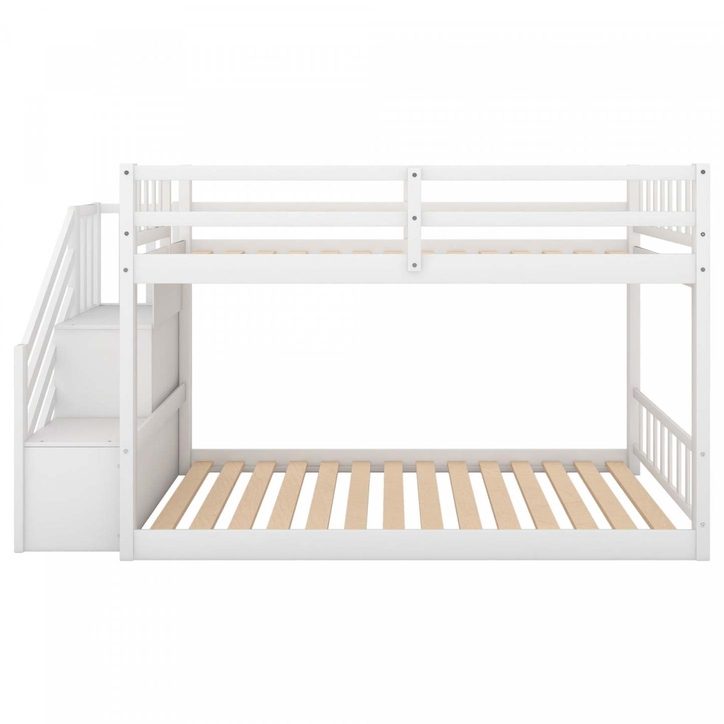 Joanna Lit Superposé Bas En Bois Massif Avec Échelle De Rangement, Design À Faible Hauteur - Blanc | Joanna – Bunk Bed Solid Wood Low Height Design With Storage Ladder - White