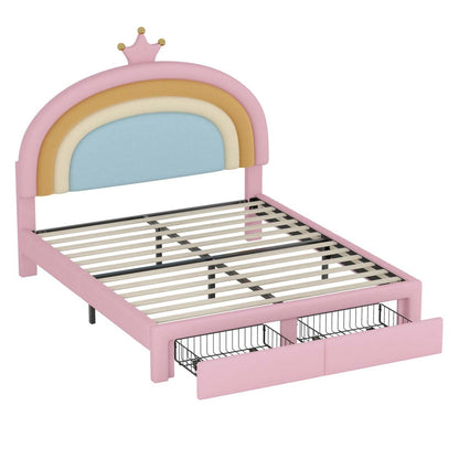 Maggie Upholstered Rainbow Princess Bed With Storage Drawer And Velvet Platform Frame,full Size,pink Full Bed | Lit Princesse Arc-en-ciel Maggie Tapisse Avec Tiroir De Rangement Et Cadre Plateforme En Velours, Taille Full, Rose