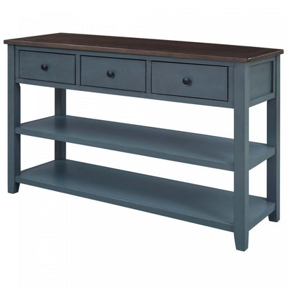 Wendy Table console en bois massif avec 3 tiroirs et 2 étagères ouvertes, armoire d'appoint bleu marine | Console Wendy En Bois Massif Avec 3 Tiroirs Et 2 Etageres Ouvertes, Bleu Marine
