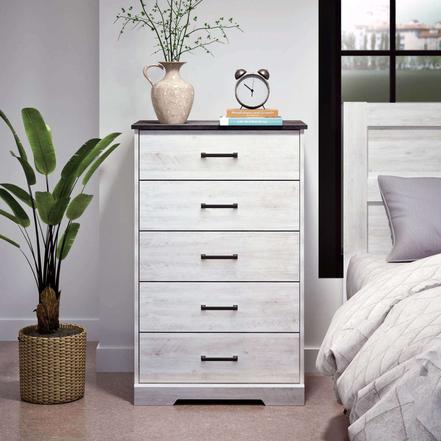Prepac Rustic Ridge 27.5 5-Drawer Chest - Washed White|Commode verticale Rustic Ridge de Prepac de 27,5 po à 5 tiroirs - blanc délavé