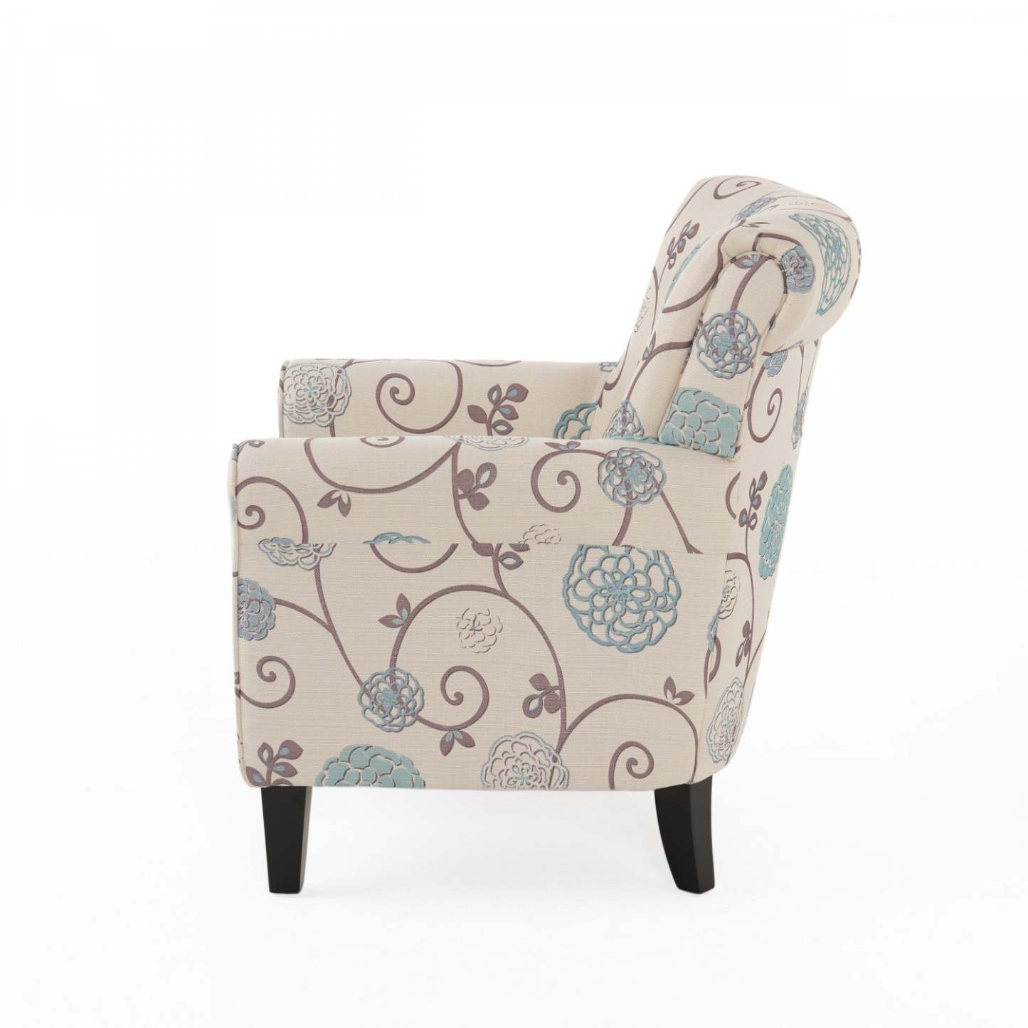 Chaise d'appoint en tissu d'apparence lin Catherine avec pattes en bois - Blanc et bleu | Fauteuil D'appoint Catherine En Tissu aspect lin Avec Pieds En Bois - Blanc Et Bleu