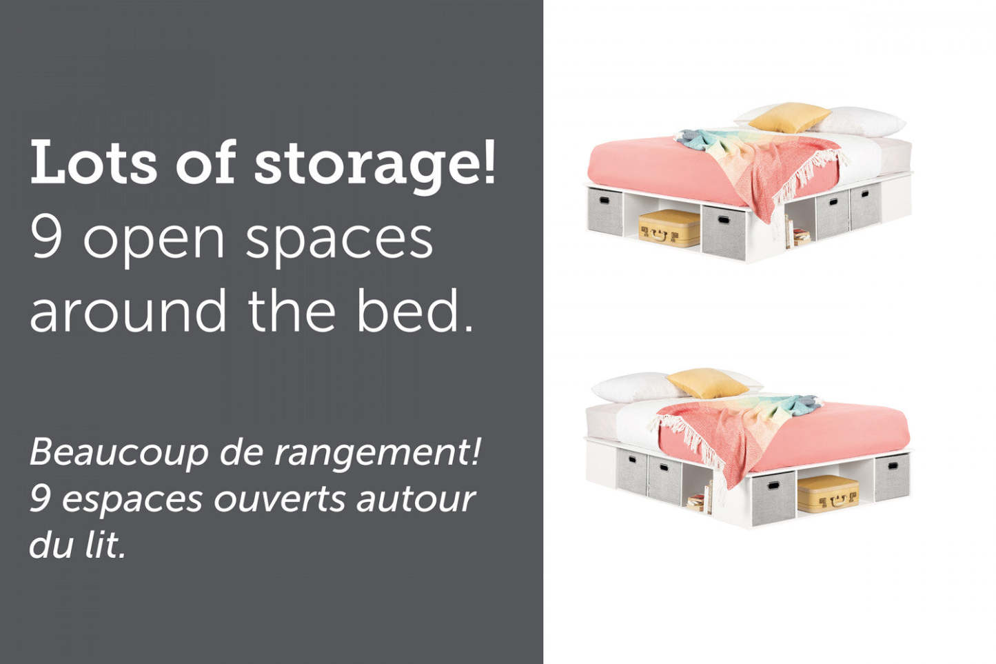 Lit plateforme de rangement flexible avec paniers - Blanc pur | Plateforme De Lit Flexible Avec Paniers - Blanc Solide