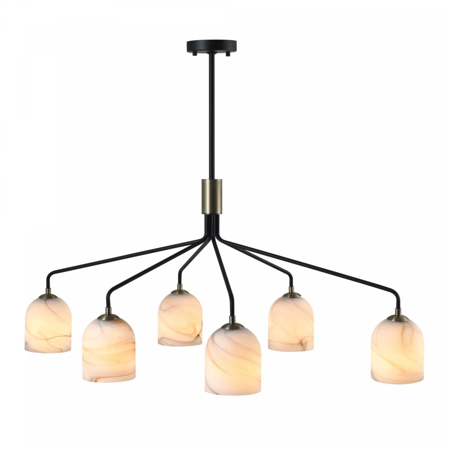 Lustre Crema à 6 lumières, noir, laiton brossé avec lampe en verre de style albâtre | Lustre A 6 lampes Crema, Noir, Laiton Brosse Avec Verre Genre Albatre