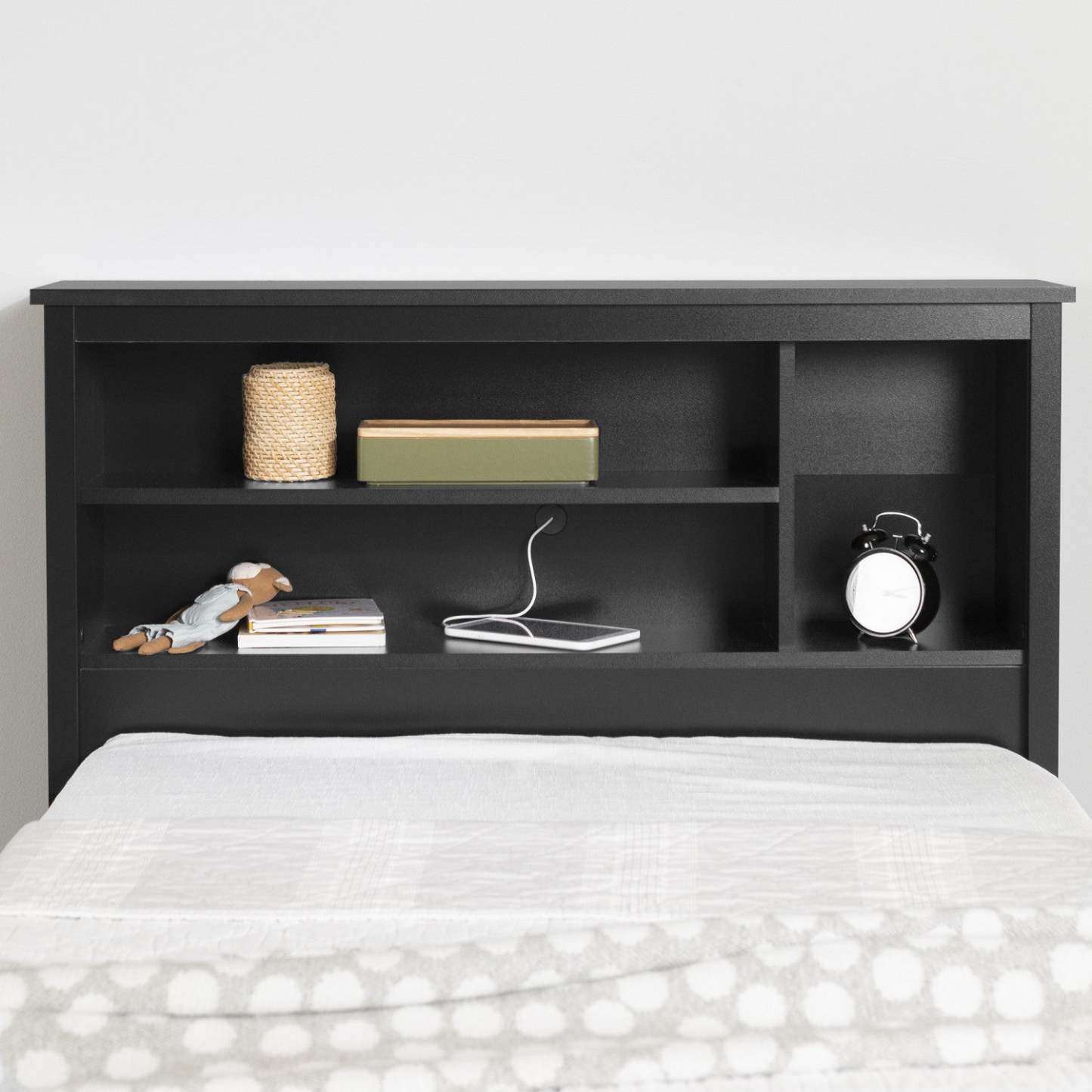 Tête de lit bibliothèque avec rangement Vito - Noir pur | Vito Tete De Lit Bibliothèque - Noir Solide