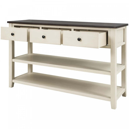 Wendy Table console en bois massif avec 3 tiroirs et 2 étagères ouvertes, armoire d'appoint beige | Console Wendy En Bois Massif Avec 3 Tiroirs Et 2 Etageres Ouvertes, Beige