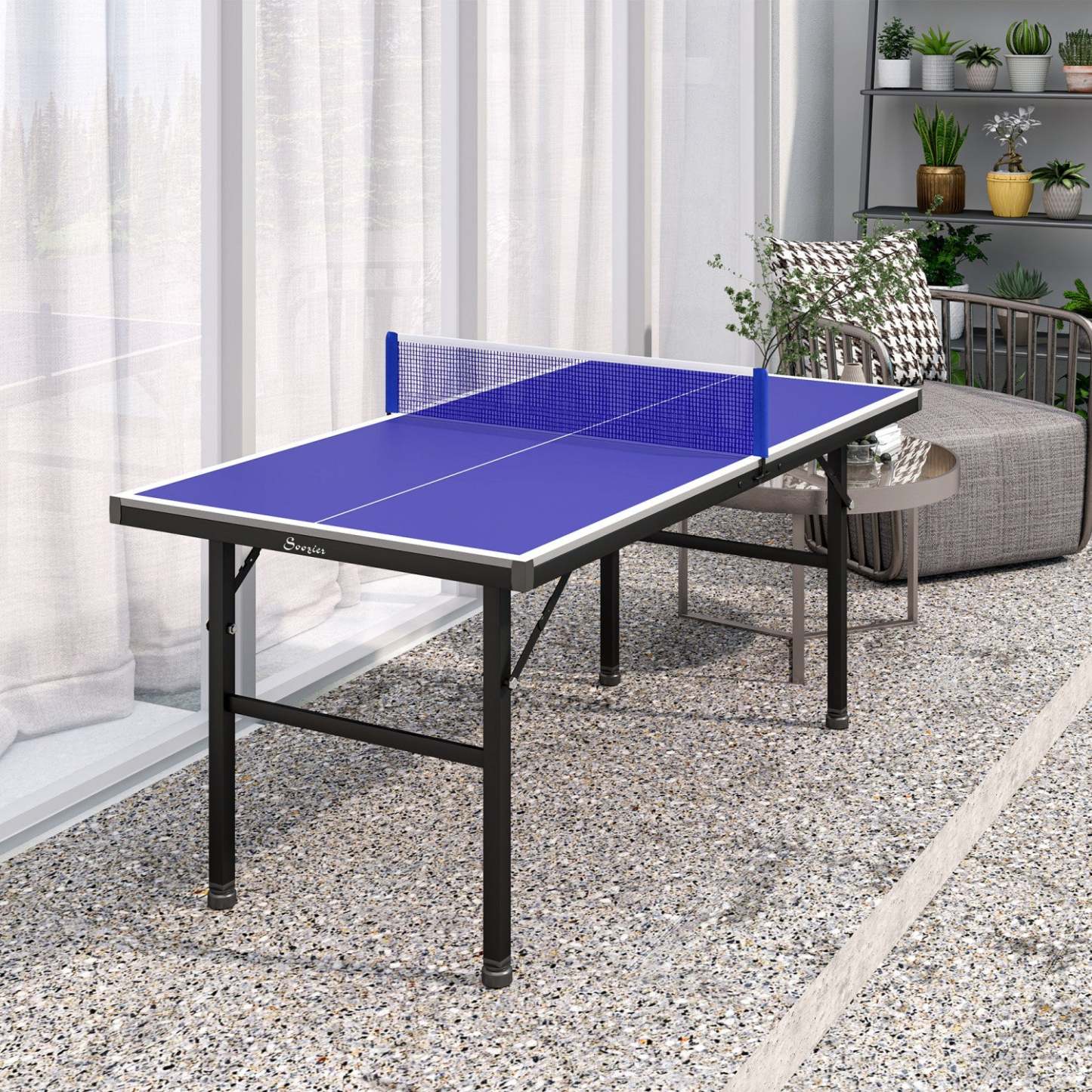 Table de Ping Pong Mini Soozier avec Pieds Réglables pour Intérieur et Extérieur, Bleue