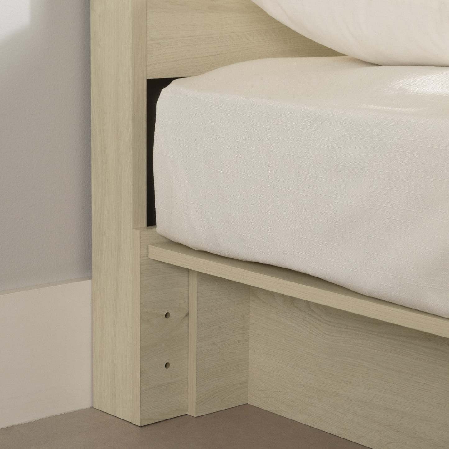 Lit plateforme Fusion avec tête de lit et étagère de rangement intégrée, chêne blanchi - Lit Queen South Shore