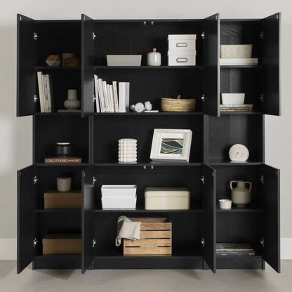 Liora Set Of Bookcase And 2 2-door Narrow Bookcases - Black Oak | Liora Ensemble Bibliotheque Et 2 Bibliotheques Etroites 2 Portes - Chene Noir