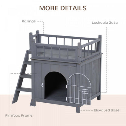 Pawhut Maison Pour Animaux à 2 Niveaux Pour Chats et Chiens Miniatures, Abri en Bois Pour Chat Avec Enclos, Balcon|Pawhut Abri Pour Chats En Bois, Extérieur, simulation Et Surélevé, À Deux Niveaux, Avec Balcon, Gris
