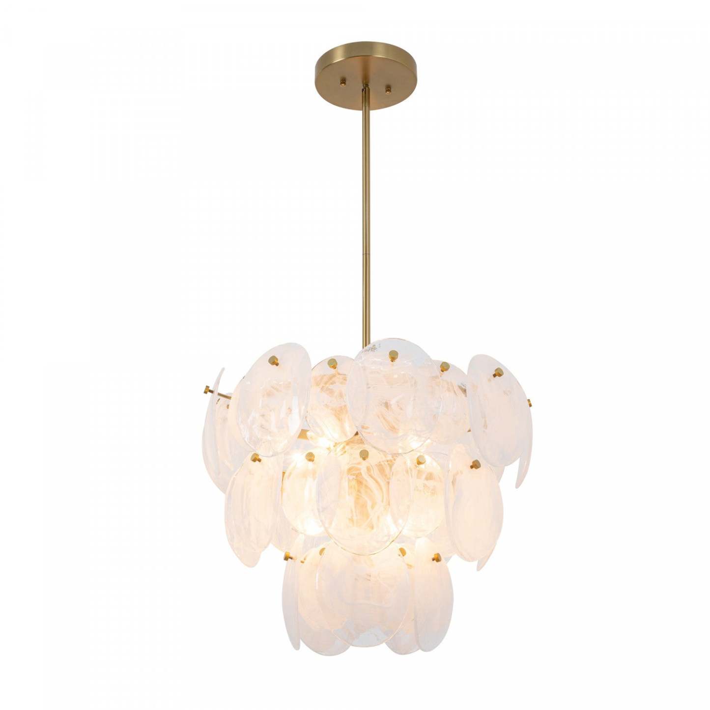 Lustre A 8 lampes Lily, Laiton Brosse Et Verre Genre Murano Blanc Vaporeux