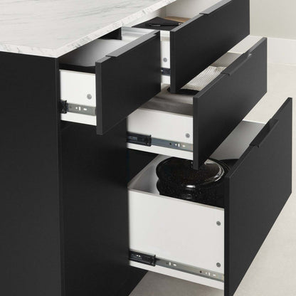 Olio Ilot De Cuisine Avec Porte Et Tiroirs - Noir Mat Et Faux Marbre Blanc | Olio Kitchen Island With Door And Drawers - Matte Black And Faux White Marble