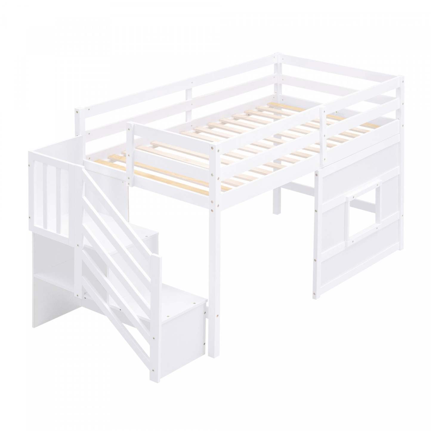 Lit mezzanine simple Martin en bois massif avec escalier de rangement, fenêtre de jeu, lumière LED - Blanc | Martin – Lit Mezzanine Simple En Bois Massif Avec Escaliers De Rangement, Fenetre Ludique Et Eclairage Del – Blanc
