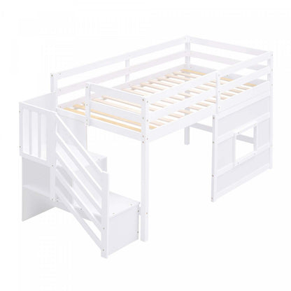 Lit mezzanine simple Martin en bois massif avec escalier de rangement, fenêtre de jeu, lumière LED - Blanc | Martin – Lit Mezzanine Simple En Bois Massif Avec Escaliers De Rangement, Fenetre Ludique Et Eclairage Del – Blanc