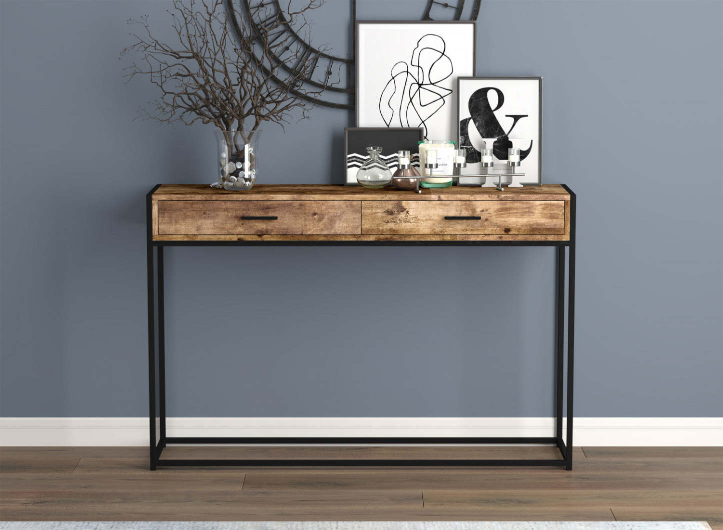 Table console moderne de 48" avec 2 tiroirs - Bois de récupération marron avec métal noir | Console moderne de 48 po avec 2 tiroirs - bois recyclé brun avec métal noir
