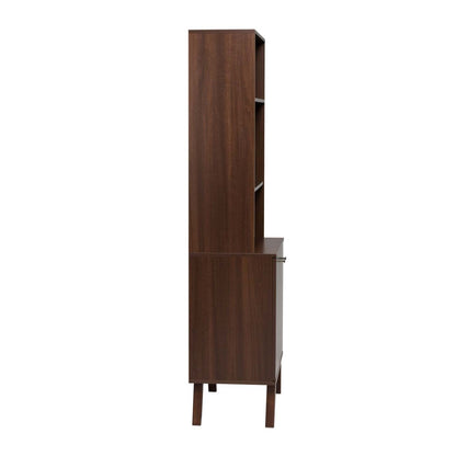 Milo Mid-Century Modern Tall Bookcase with Adjustable Shelves, 2 Doors & Brushed Brass-Finished Knobs - Cherry|Bibliothèque haute moderne du milieu du 20e siècle Milo avec tablettes réglables, 2 portes et poignées au fini laiton brossé - cerisier