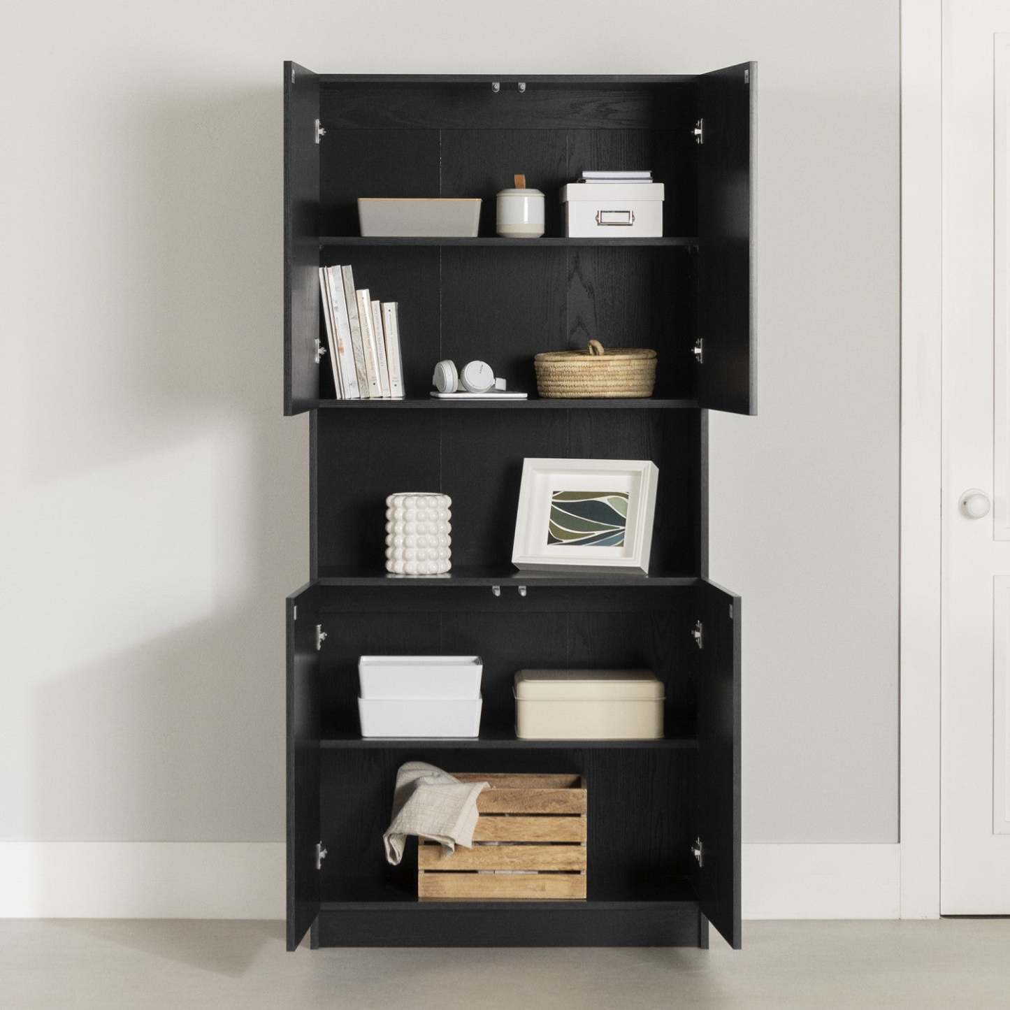 Liora 4-door Bookcase With Open Storage - Black Oak | Liora Bibliotheque 4 Portes Et Rangement Ouvert - Chene Noir