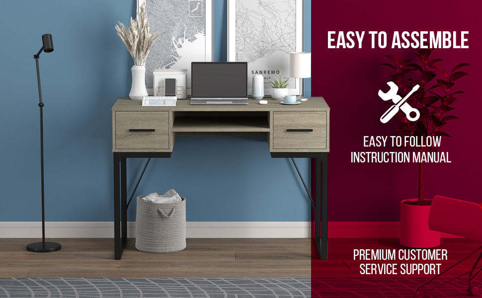 Bureau d'ordinateur 43" avec 2 tiroirs et 1 tablette - Taupe foncé avec base en métal noir | Bureau d'ordinateur de 43 po avec 2 tiroirs et 1 tablette - taupe foncé avec base en métal noir