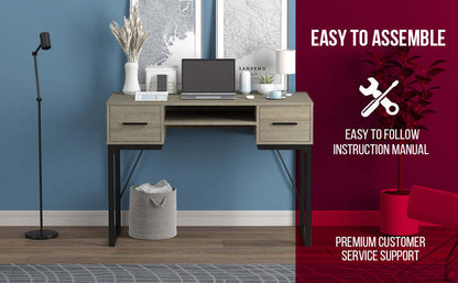 Bureau d'ordinateur 43" avec 2 tiroirs et 1 tablette - Taupe foncé avec base en métal noir | Bureau d'ordinateur de 43 po avec 2 tiroirs et 1 tablette - taupe foncé avec base en métal noir