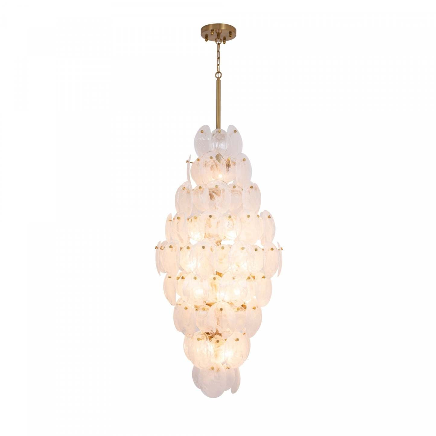 Lustre A 15 lampes Lily, Laiton Brosse Et Verre Genre Murano Blanc Vaporeux