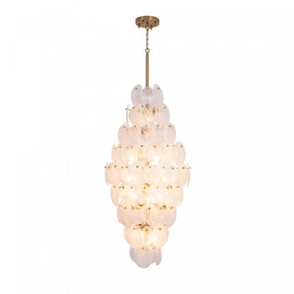 Lustre A 15 lampes Lily, Laiton Brosse Et Verre Genre Murano Blanc Vaporeux