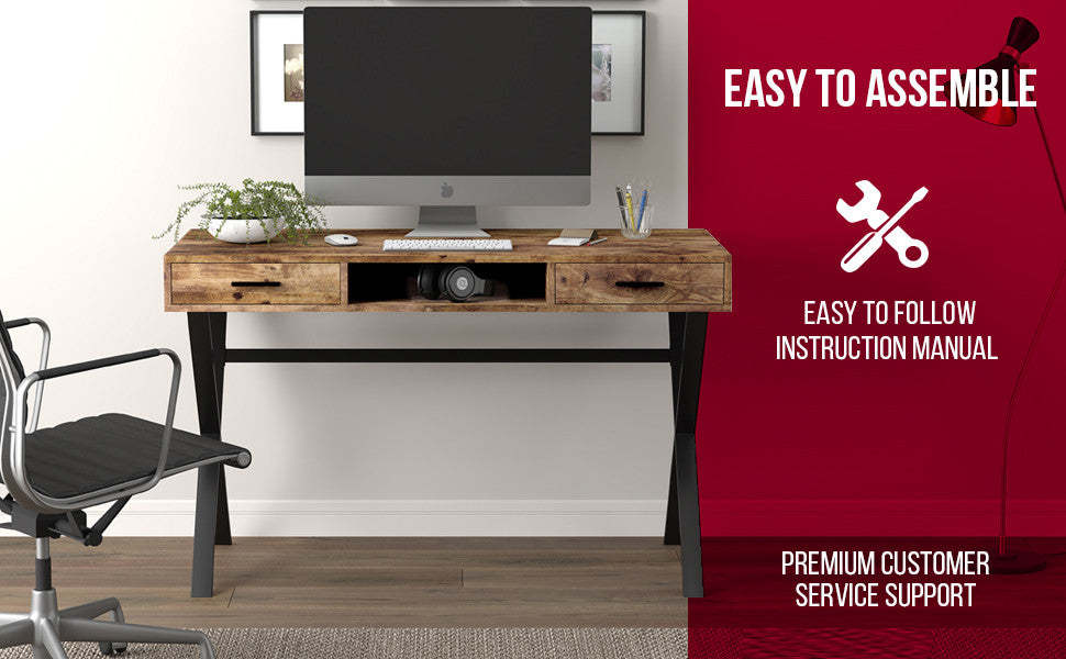 Bureau d’ordinateur de 47 po avec 2 tiroirs et 1 tablette - bois recyclé brun avec métal noir