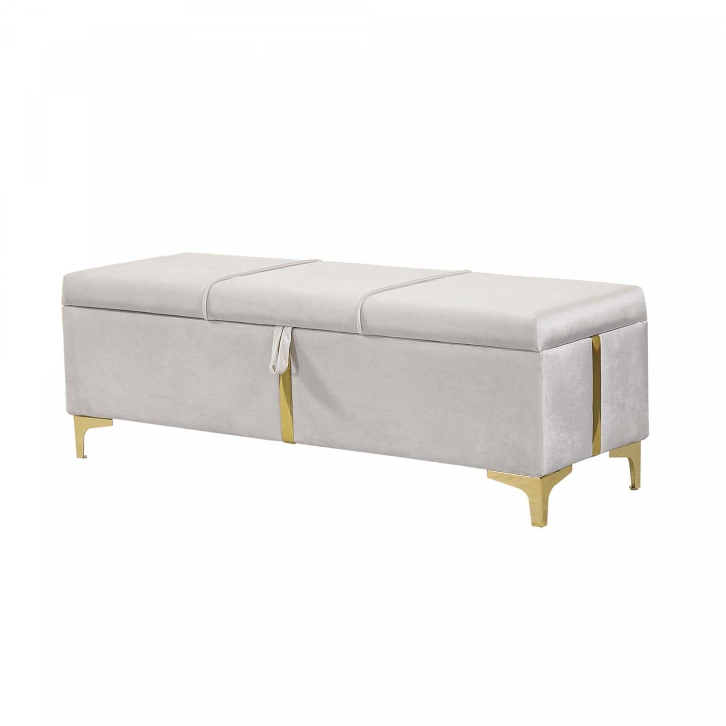 Banc ottoman de rangement rembourré en velours doux Tony avec pieds en métal, beige | Banc Coffre De Rangement Tony En Velours Doux Avec Pieds Métalliques, Beige