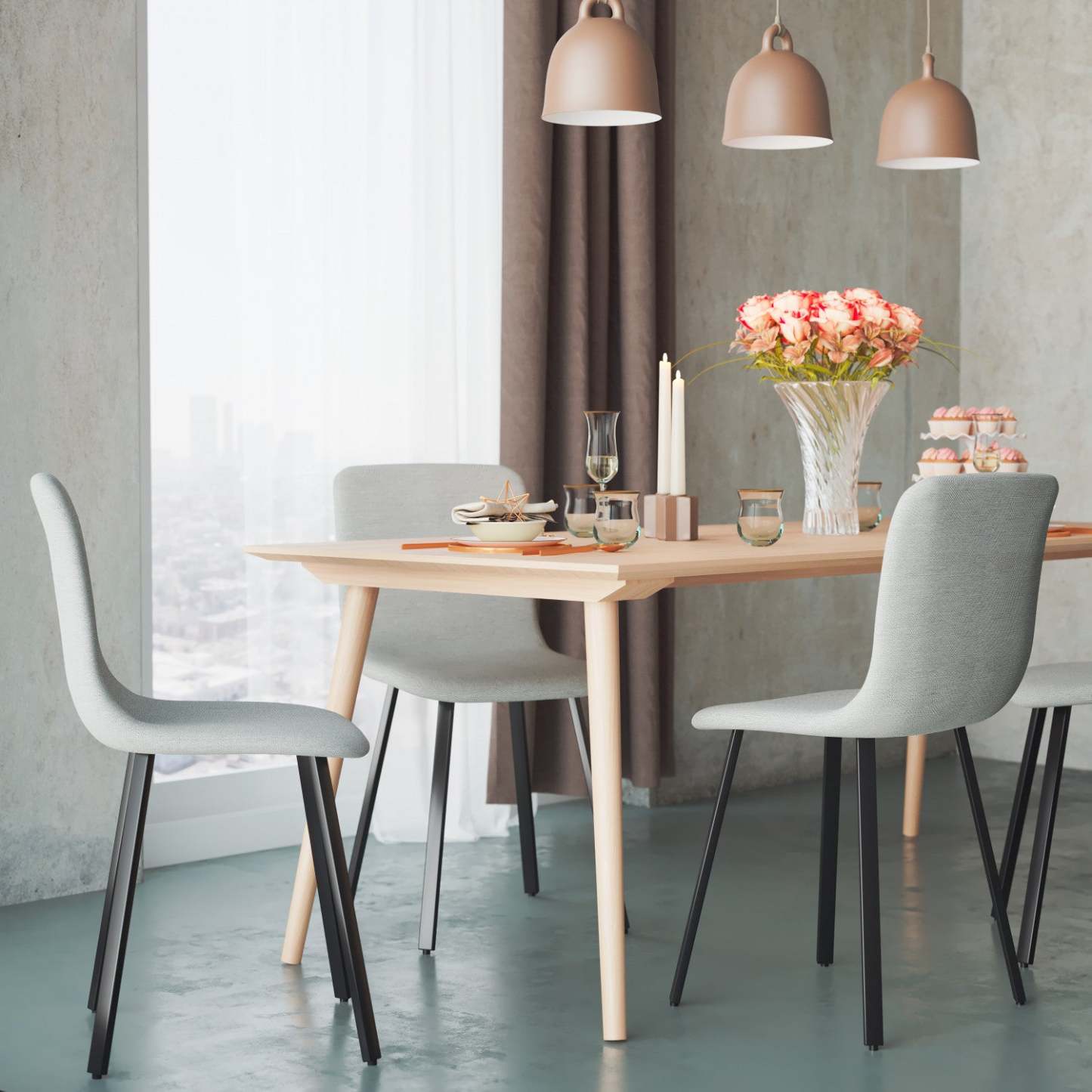 Chaise de salle à manger avec revêtement en tissu gris clair et base en métal noir