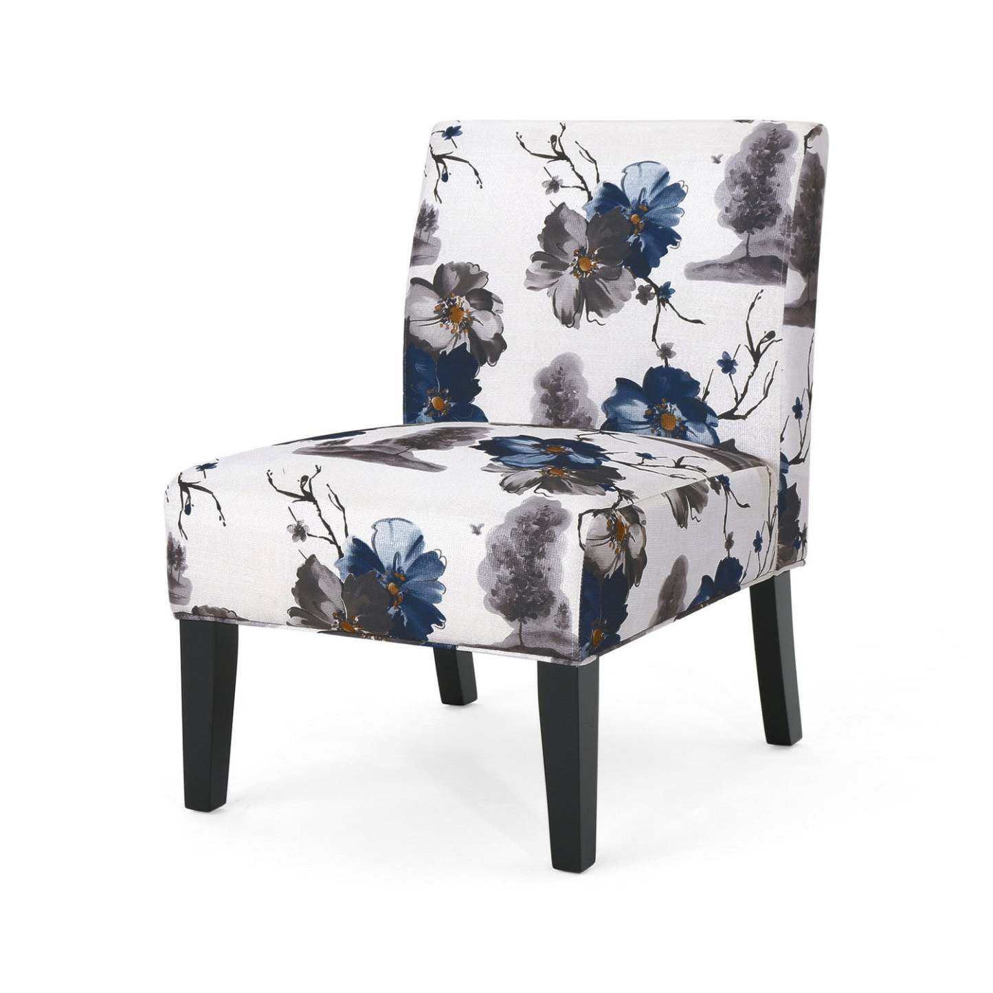 Chaise d'appoint Oliver en tissu d'apparence lin avec pattes en bois d'hévéa - Bleu, Multicolore | Fauteuil D'appoint Oliver En Tissu aspect lin Avec Pieds En Bois Caoutchouc - Bleu Et Multicolore