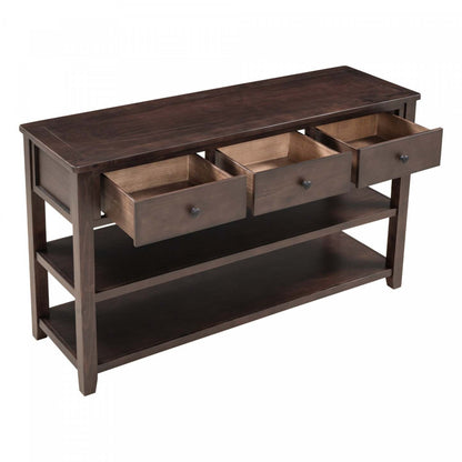 Wendy Table console en bois massif avec 3 tiroirs et 2 étagères ouvertes, armoire d'appoint expresso | Console Wendy En Bois Massif Avec 3 Tiroirs Et 2 Etageres Ouvertes, Espresso