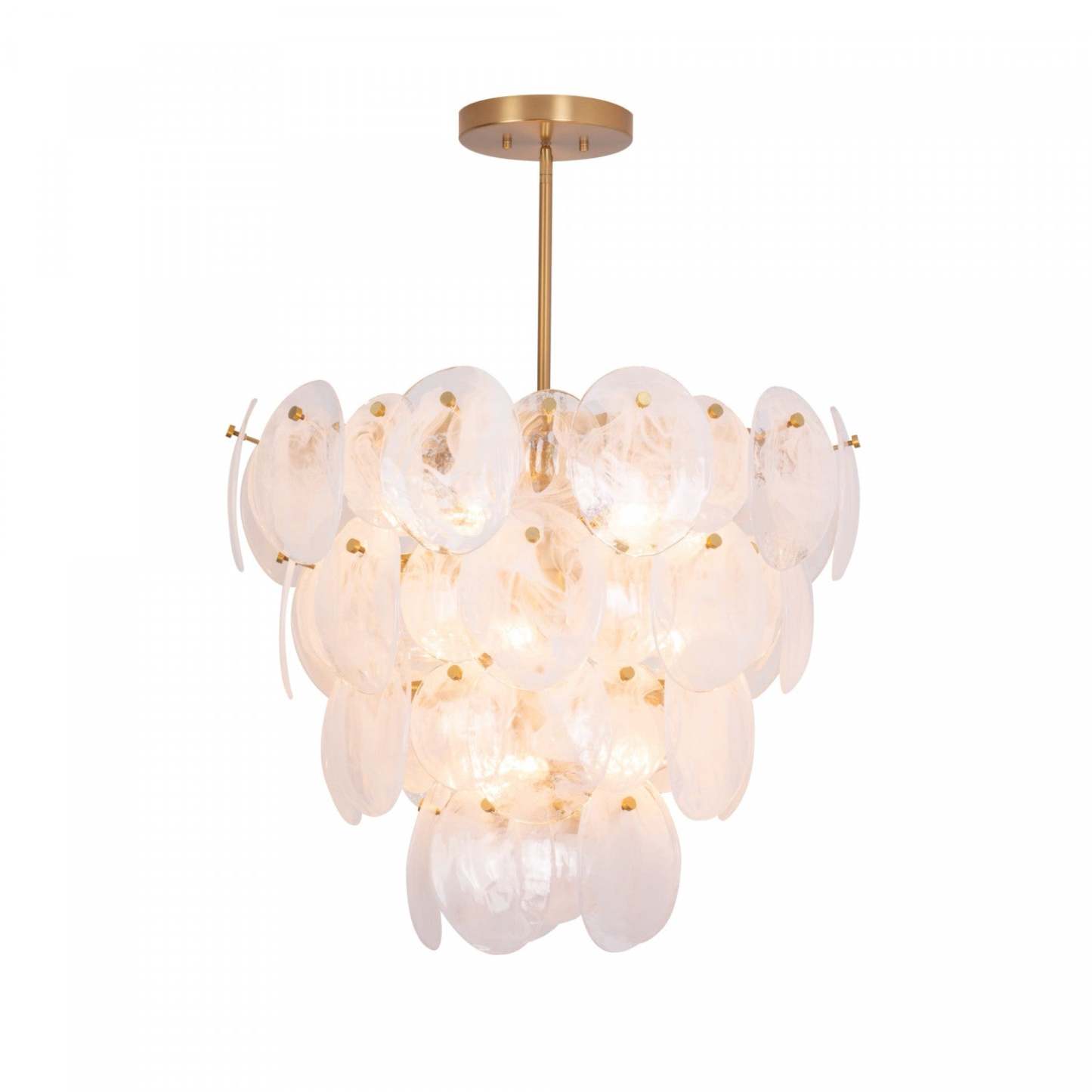 Lustre A 13 lampes Lily, Laiton Brosse Et Verre Genre Murano Blanc Vaporeux