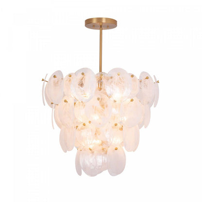 Lustre A 13 lampes Lily, Laiton Brosse Et Verre Genre Murano Blanc Vaporeux